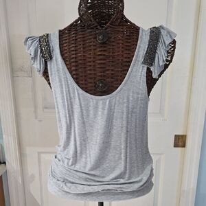 B'leev Elegant Gray Women's Tank Top with Embellished Shoulders